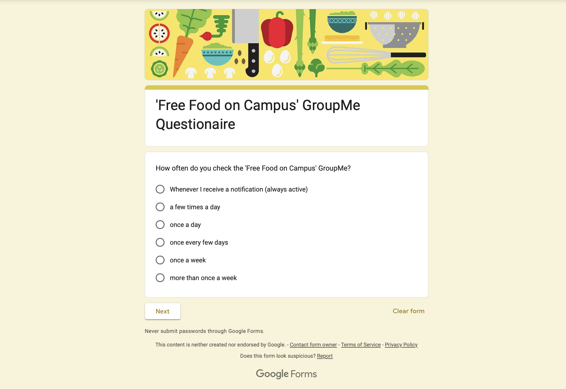 'Free Food on Campus' GroupMe questionnaire, early user research for Wellfed Market